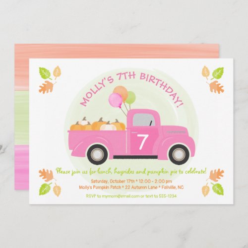 Pink Truck Pumpkin Balloons Laves Fall Birthday In Invitation