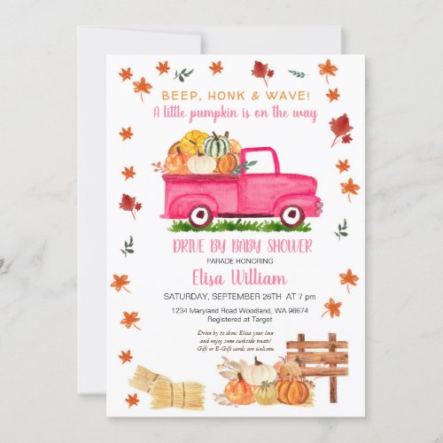 Pink Truck Pumpkin Fall Drive By Baby Shower Invitation