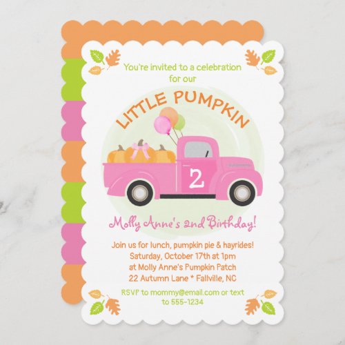 Pink Truck Pumpkin Leaves Fall Birthday Girl Party Invitation