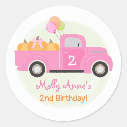 Pink Truck Pumpkins Balloons Fall Birthday Girl Classic Round Sticker