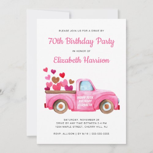 Pink Truck Watercolor Drive By 70th Birthday Party Invitation