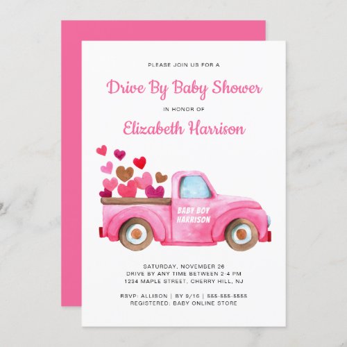 Pink Truck Watercolor Drive By Baby Shower Invitation