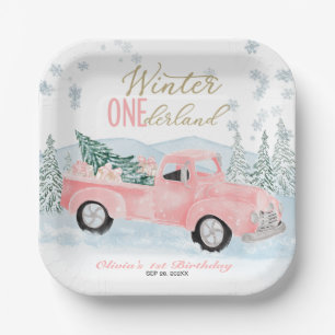 Pink Truck Winter Onederland Girl First Birthday Paper Plates