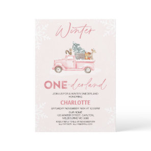 Pink Truck Woodland Winter Onederland 1st Birthday Invitation
