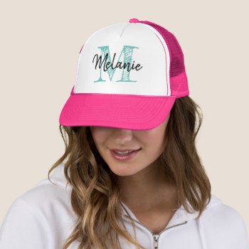 Pink Trucker Hat For Women With Vintage Monogram by logotees at Zazzle