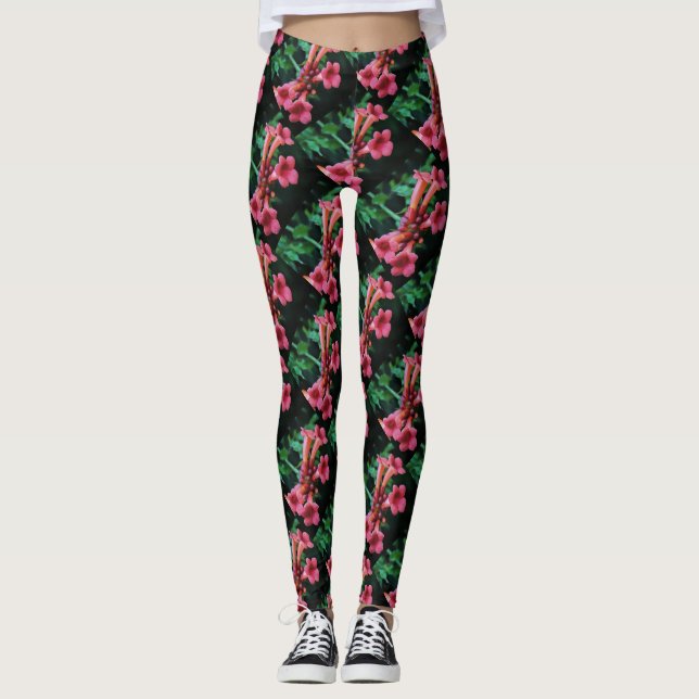 Pink Trumpet Honeysuckle Botanical Art Leggings (Front)