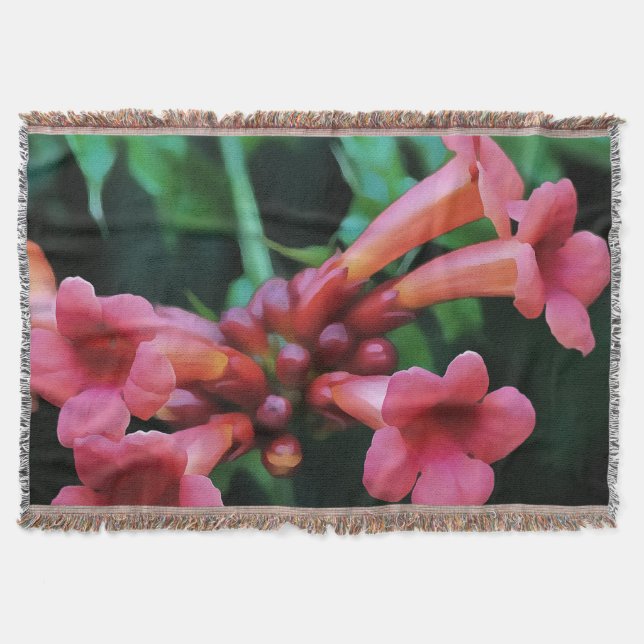 Pink Trumpet Honeysuckle Botanical Art Throw Blanket (Front)