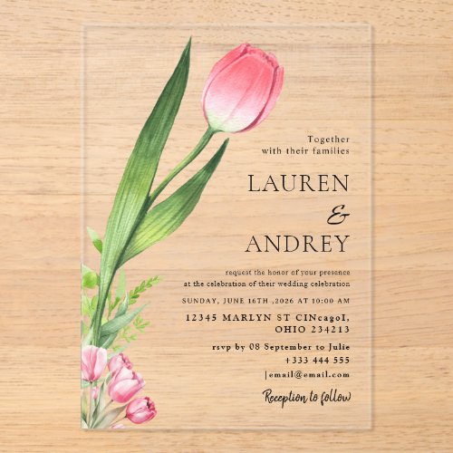 Pink Tulip Acrylic Wedding Invitation