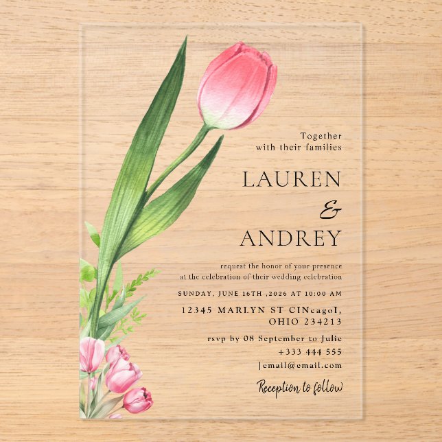 Pink Tulip Acrylic Wedding Invitation (Front)