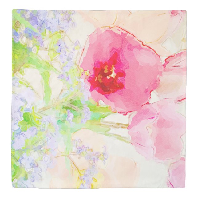 Pink Tulip and Blue Forget Me Not Duvet Cover (Front)