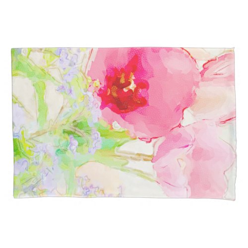 Pink Tulip and Blue Forget Me Not Watercolor Pillow Case