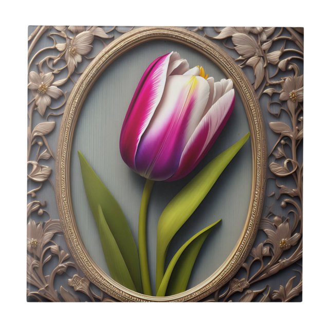Pink Tulip Art Nouveau Design,  Ceramic Tile (Front)