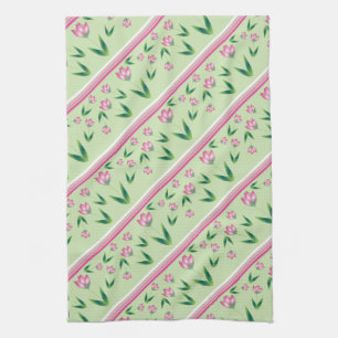 Pink Tulip Art On Green Kitchen Towel
