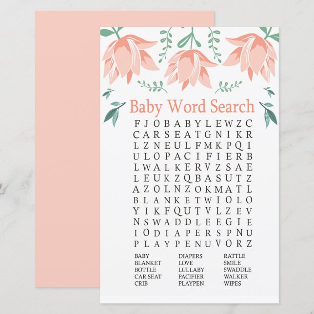 Pink Tulip Baby Shower Word Search Game (Front/Back)