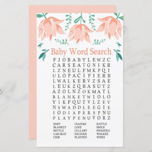 Pink Tulip Baby Shower Word Search Game