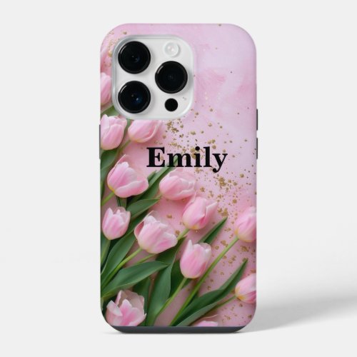 Pink Tulip Blossoms Custom monogram  iPhone 14 Pro Case