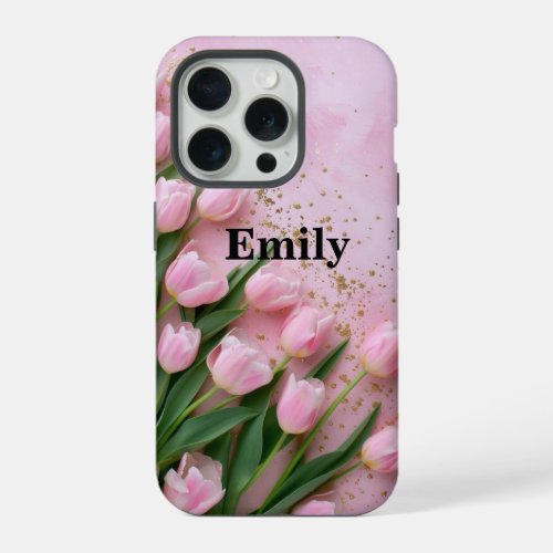 Pink Tulip Blossoms Custom monogram  iPhone 15 Pro Case