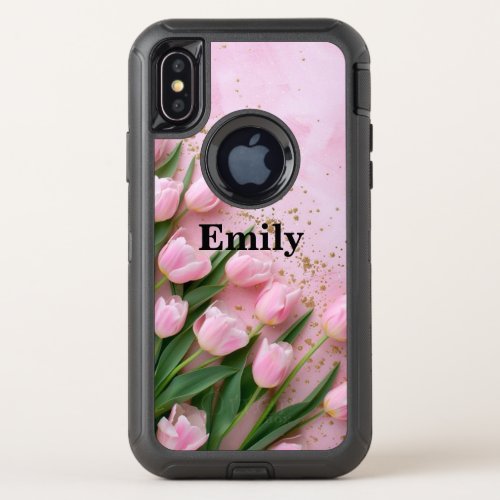 Pink Tulip Blossoms Custom monogram  OtterBox Defender iPhone X Case