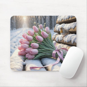 Pink Tulip Bouquet and Robin On a Snowy Bench Mouse Pad