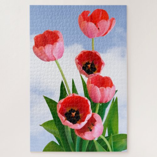 Pink Tulip Bouquet  Blue Sky Spring Floral Photo Jigsaw Puzzle