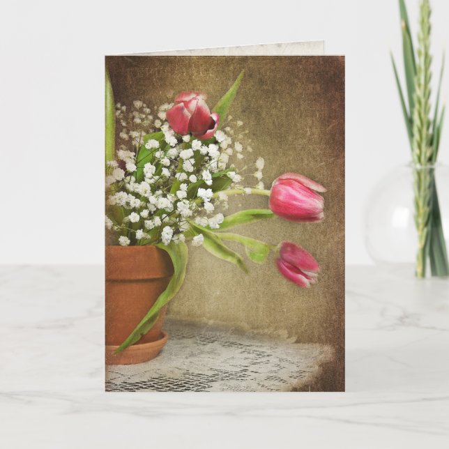 pink tulip bouquet on lace doily card (Front)