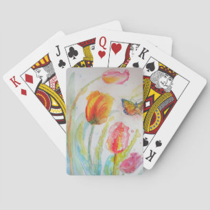 Pink Tulip & Butterfly Flower Playing Cards Set