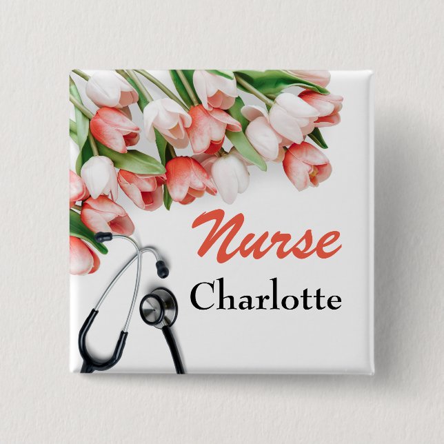 Pink Tulip Custom Nurse Button (Front)