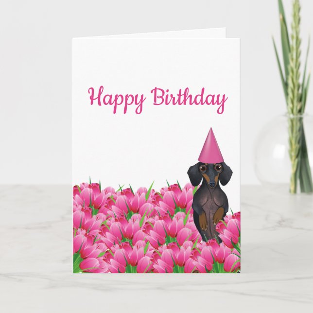 Pink Tulip Dachshund Birthday Card (Front)