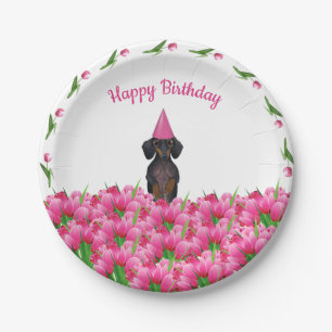 Pink Tulip Dachshund Paper Plates