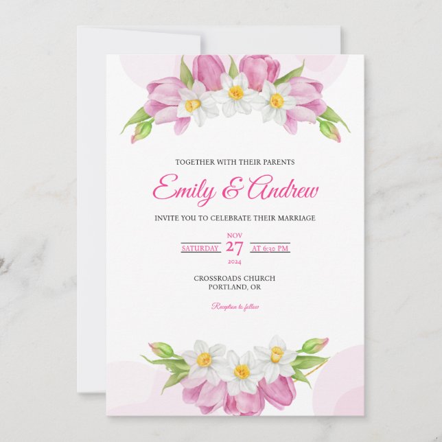 Pink Tulip Daffodil Floral Watercolor Wedding Invitation (Front)