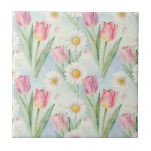 Pink Tulip Daisy Watercolor Spring Pattern Ceramic Tile