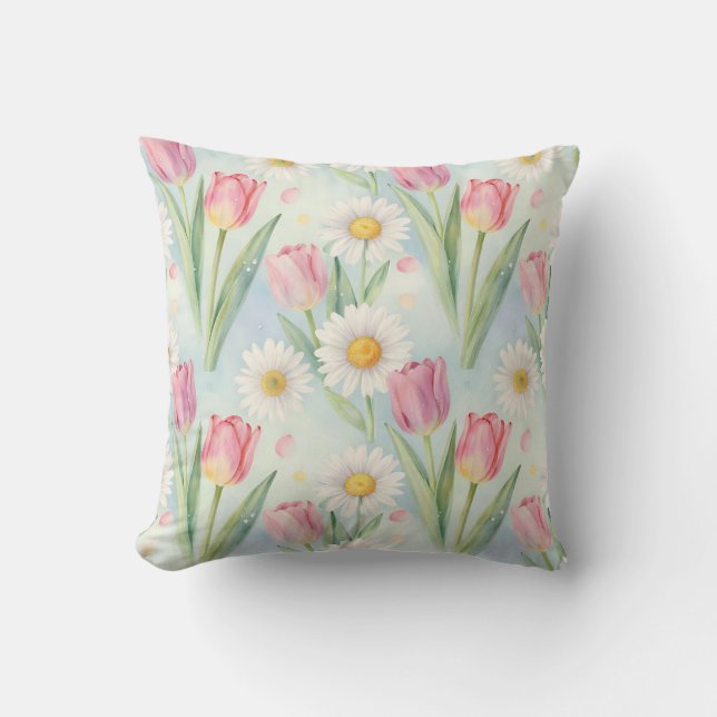 Pink Tulip Daisy Watercolor Spring Pattern Throw Pillow (Front)