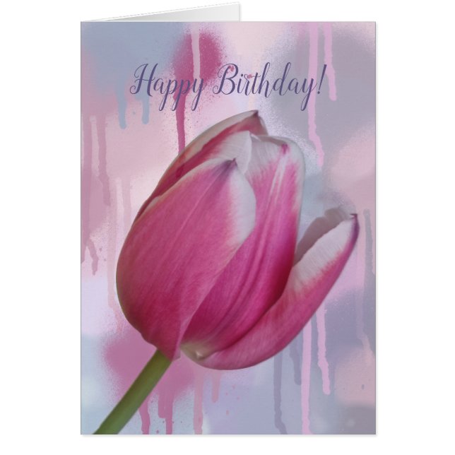 Pink tulip dripping paint background & custom text cards (Front)