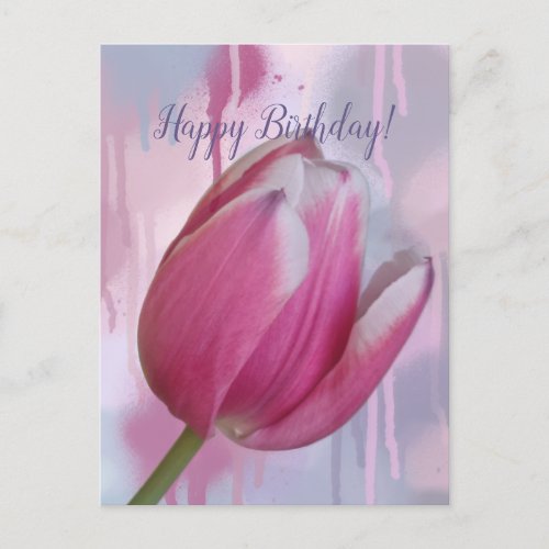 Pink tulip dripping paint background  custom text postcard