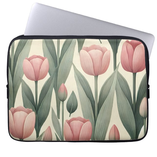 Pink Tulip Field Pattern Illustration Laptop Sleeve (Front)