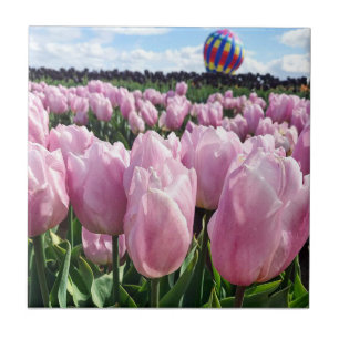 Pink Tulip Field with Hot Air Balloon, Oregon Ceramic Tile