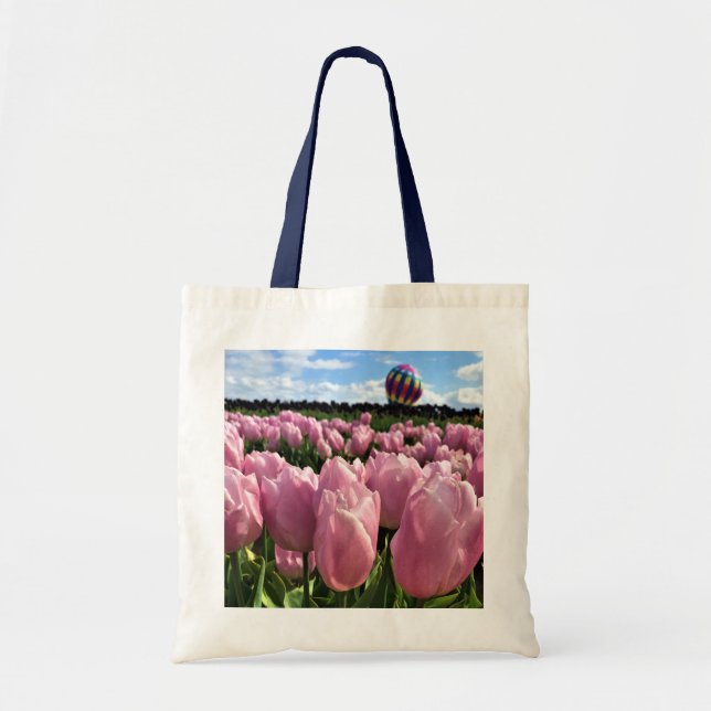 Pink Tulip Field with Hot Air Balloon, Oregon Tote Bag (Front)