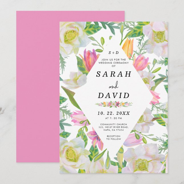 Pink Tulip Floral Geometric Frame Wedding Invite (Front/Back)