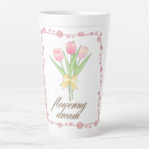 Pink Tulip Floral Latte Mug, Cute Cottagecore Flow