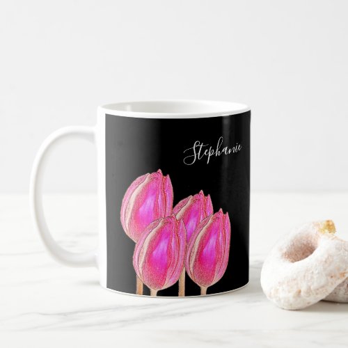 Pink Tulip Floral Monogram Name Black Custom Color Coffee Mug