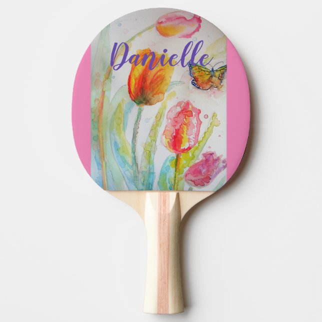 Pink Tulip Floral Watercolor Ping Pong Paddle (Front)