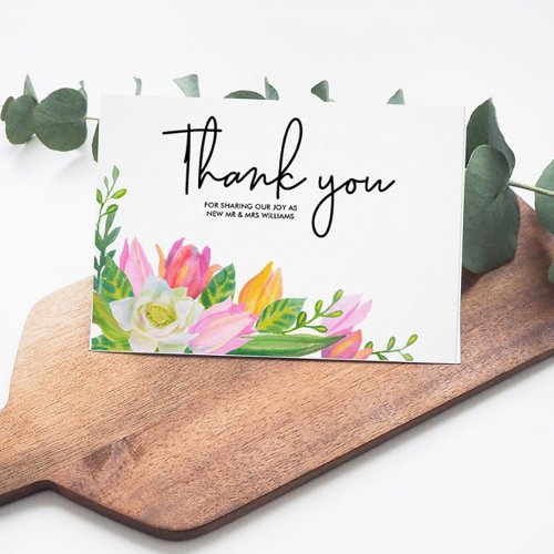 Pink Tulip Floral Wedding Photo Thank You Card