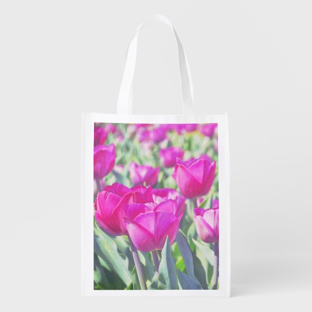 Pink Tulip Flower Art Eco Friendly Grocery Bag (Front)