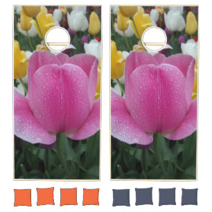 Pink Tulip Flower Custom Natural Wood Cornhole Set