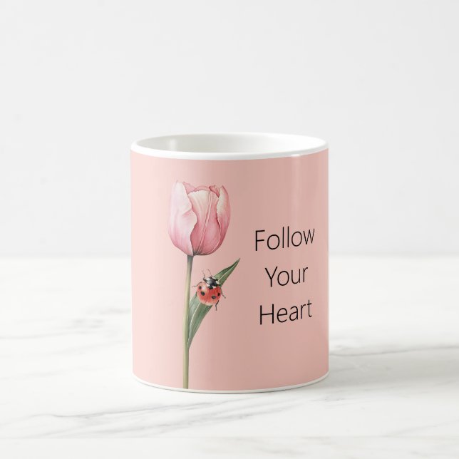 Pink Tulip Flower Ladybug Coffee Mug (Center)