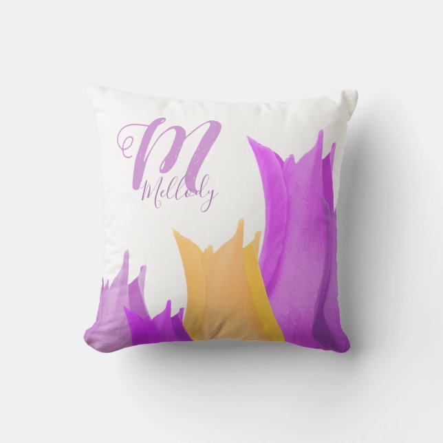 Pink Tulip Flower Monogram Name Floral  Throw Pill Pillow (Front)