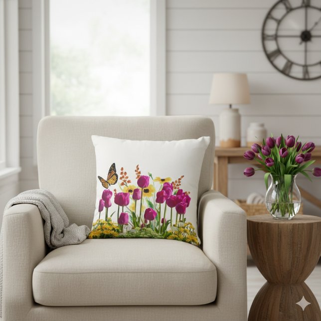 Pink Tulip Flowers and Butterfly Throw Pillow (Creator Uploaded)
