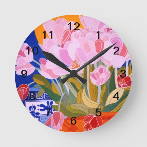 Pink Tulip Flowers _ Black Numbers Round Clock