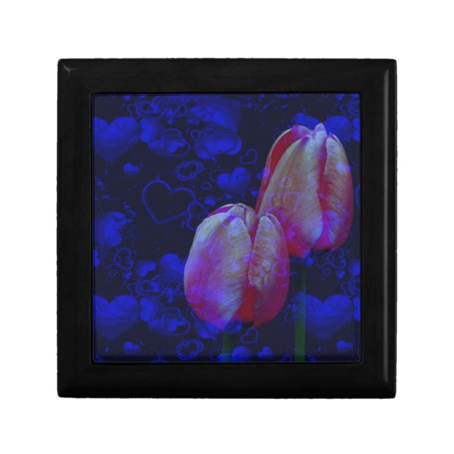 Pink Tulip Flowers Blue Hearts Floral Art Gift Box (Front)