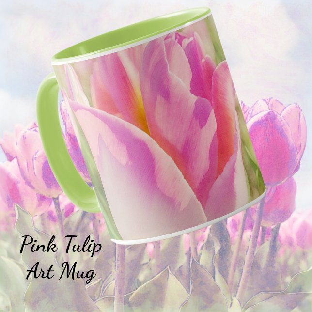 Pink Tulip Flowers Garden Art Mug Cup (Pretty in pink tulip flower art mug.)